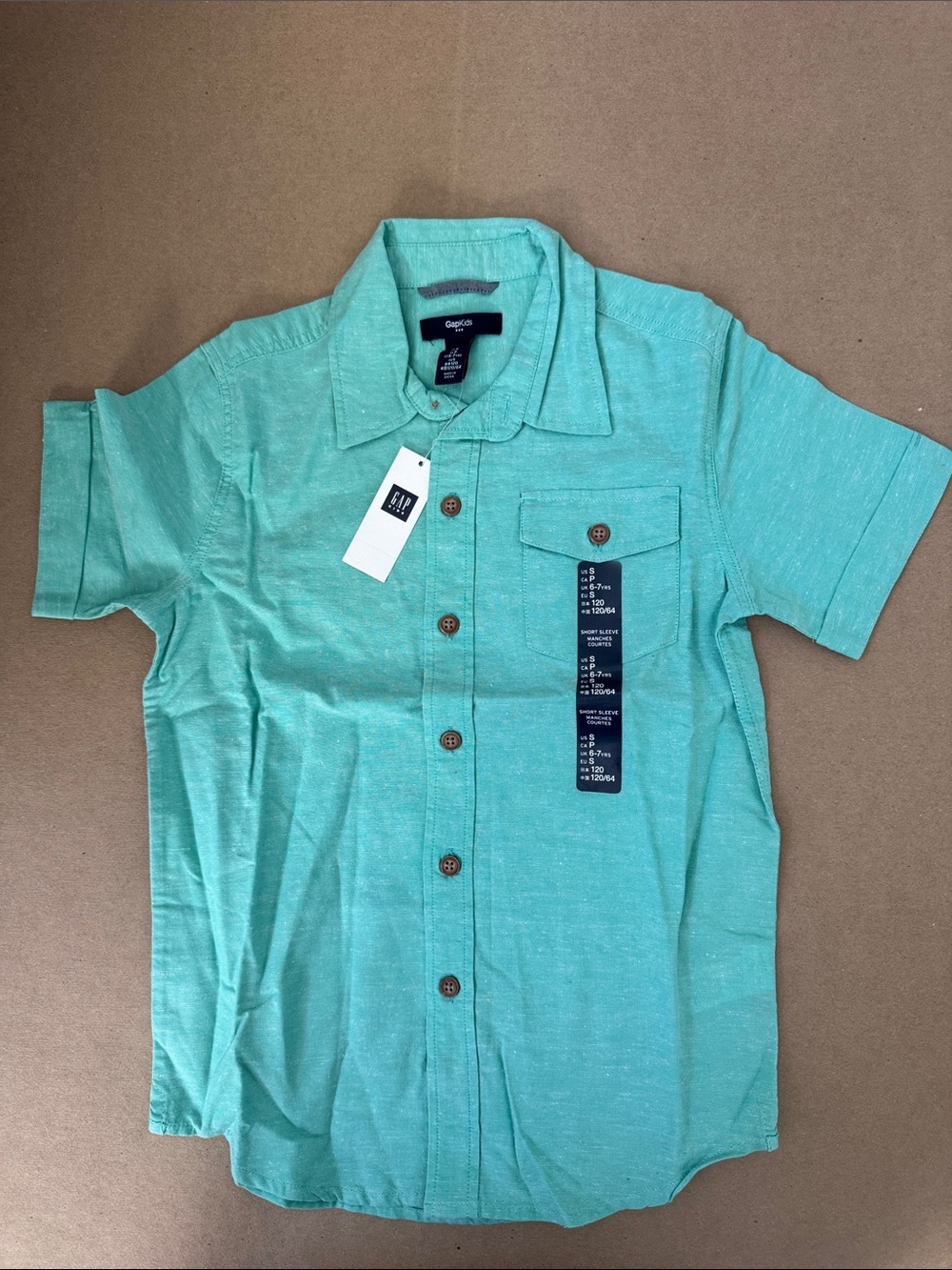 NWT GAP Boys L 7-8 Cotton Linen Short-Sleeve Button-Up Shirt in Aqua